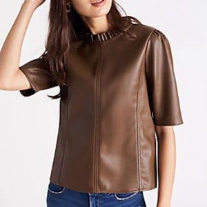 Ann Taylor Chestnut Faux Leather Ruffle Neck Top